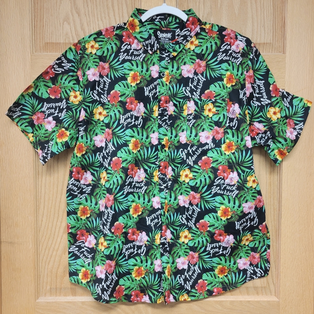 Mens Hawaiian Floral Go F*ck Yourself Short Sleeve Button Down Shirt Size XL